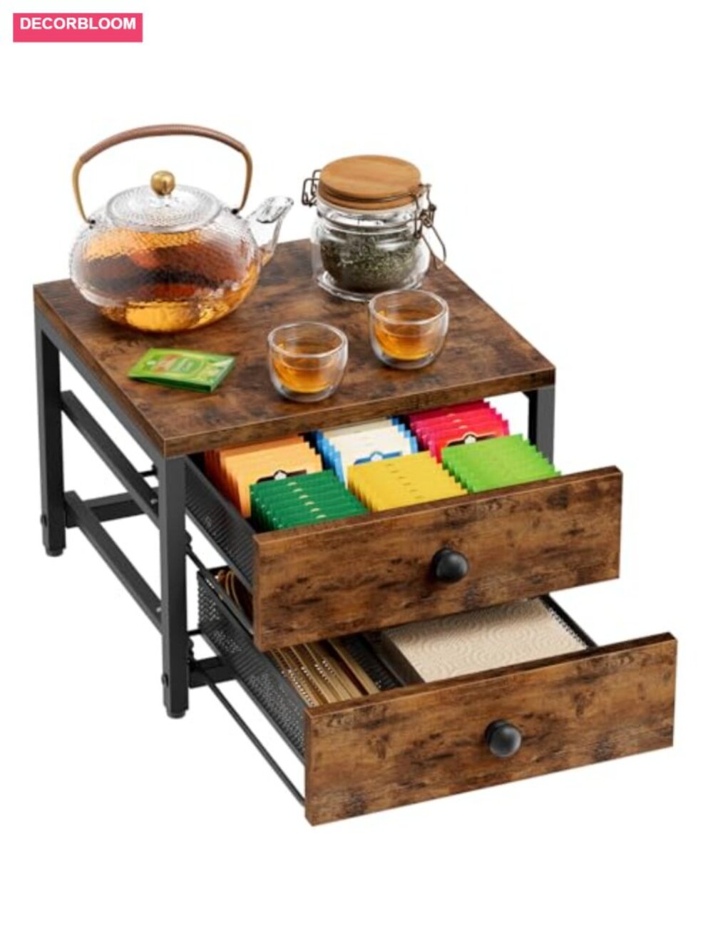 Wood Tea Bag Organizer 2 Drawer 9 Compartment Countertop Storage
